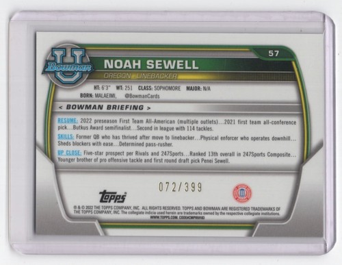 2022 Bowman University Chrome Purple Refractor Oregon Ducks Noah Sewell 072/399 - Picture 2 of 2