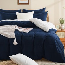 100 Organic Cotton Duvet Cover King Size, Linen Like Pleated Textured Navy D...