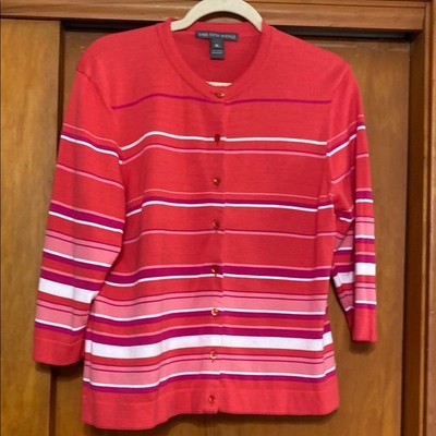 Saks Fifth Avenue NWOT Shades Pink White Striped Button Down Cardigan Sweater XL