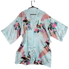 Kimono Robe OS Women Short Light Blue Pink Peach Purple Peacocks Flowers Silky