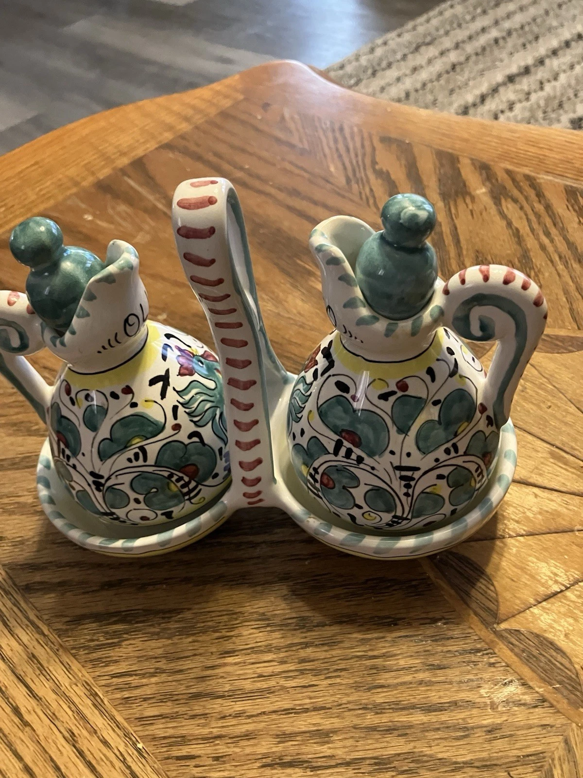 Vintage Ceramic Italian Ceramic Oil and Vinegar Set Hand-Painted From Italy EUC