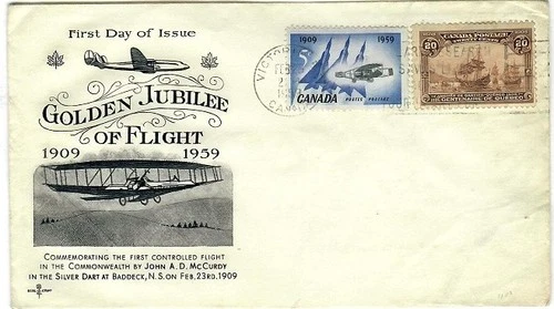 Canada 1959 FDC: 5¢ Silver Dart & Jet Planes (Sc 383) with 20¢ Tercentenary!