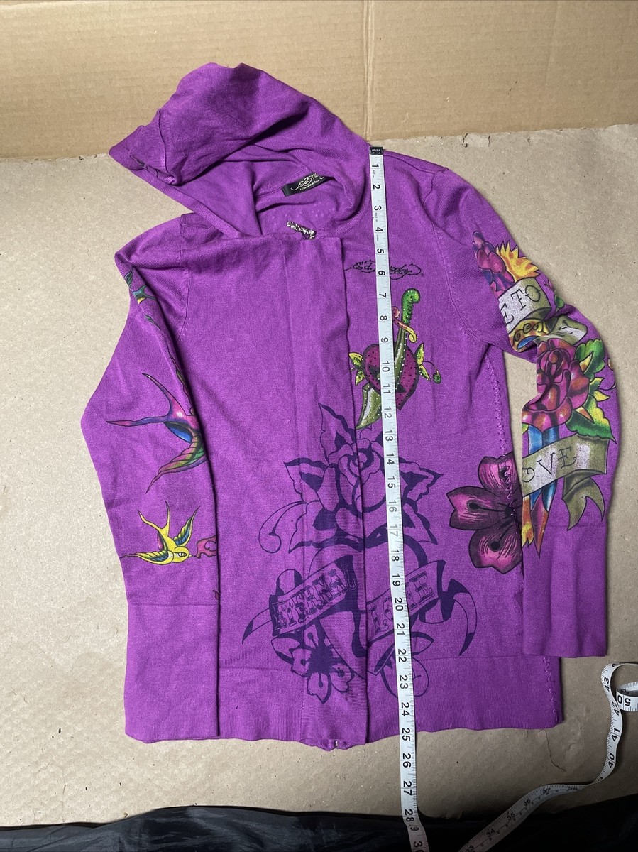 Ed Hardy Sweatshirt Womens Large Full Zip Purple Tattoo Ed Hardy Sweatshirt Womens Large Full Zip Purple Tattoo