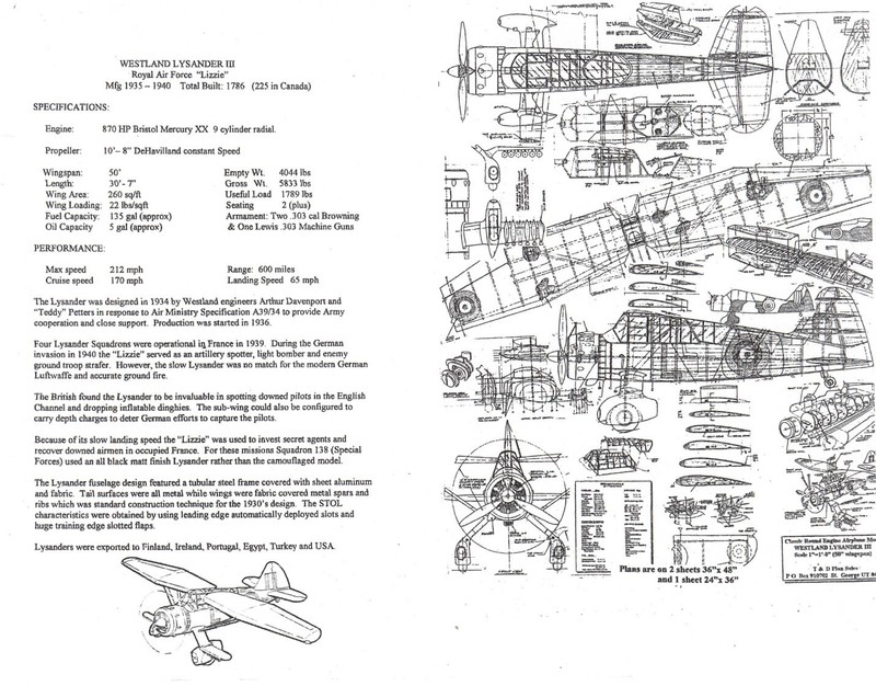  1/12 Scale Westland Lysander (50")  RC Plans,Templates and Instructions 