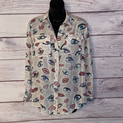 Milk & Honey Womens Shirt M Ivory Eyes Lips All Over Print Button Front B29