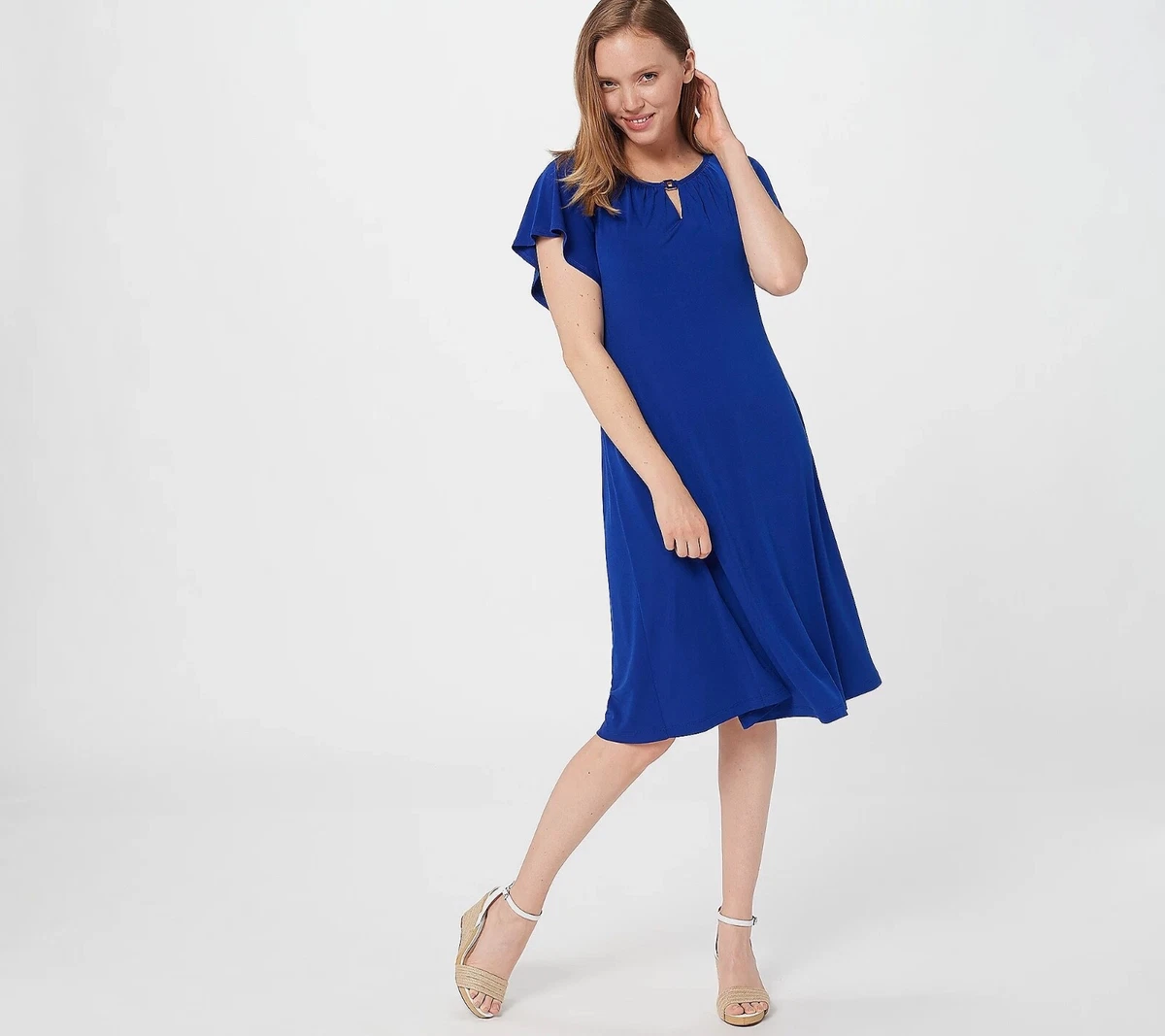 Susan Graver Liquid Knit Flutter Sleeve Dress w Keyhole Blue