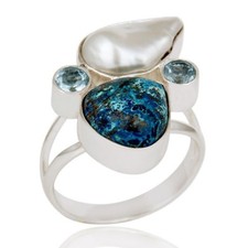 Chrysocola, Blue Topaz & Fresh Water Pearl 925 Sterling Silver Designer Ring