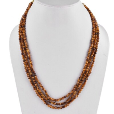 Natural Tiger's Eye 3 Layer Smooth Round Gemstone Beaded Handmade Necklaces 18''