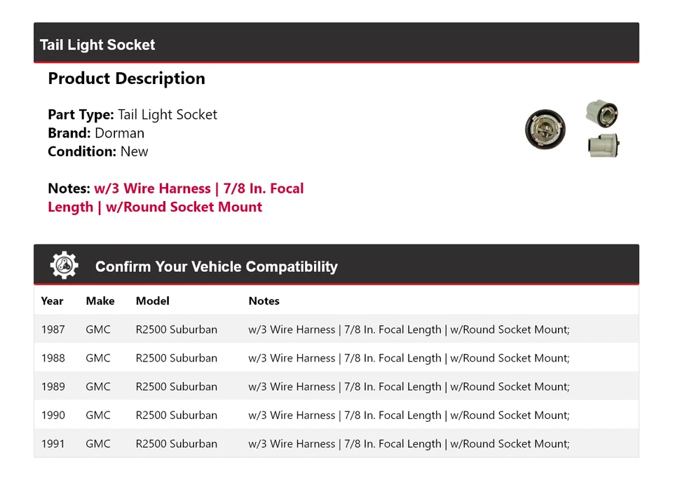 Enchufe de luz trasera para GMC R2500 1987-1991 Suburban Dorman 1988 1989 1990 Foto 2 de 4
