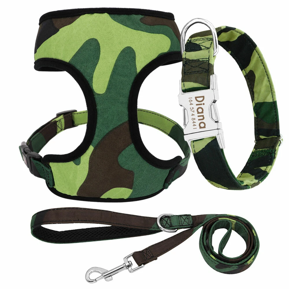 Dog Harness and Leash Set with Personalized Collar Custom Pet Name Soft Mesh XL
