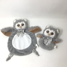 Bearington Baby Collection Gray White Owl Plush Knotted Lovey and Rattle Set