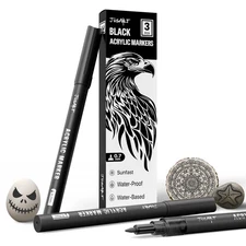 JusArt 3 Pack Black Acrylic Paint Markers, 0.7mm Fine Point Acrylic Paint Pens
