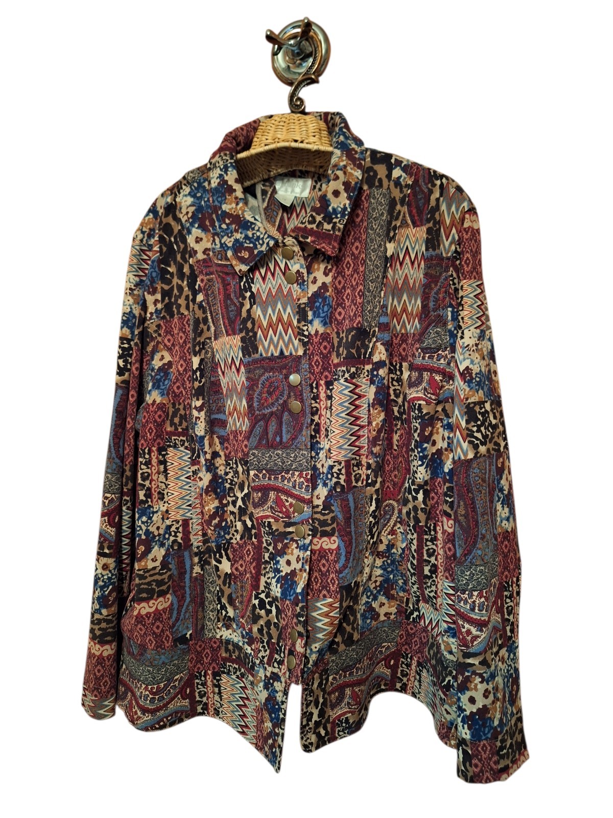 CJ Banks Velvety Patchwork Snap Button Blouse Bla… - image 1