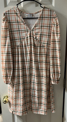 Abby & Evie Plaid Babydoll V-Neck Puff 3/4 Sleeve Short Ruffle Dress M