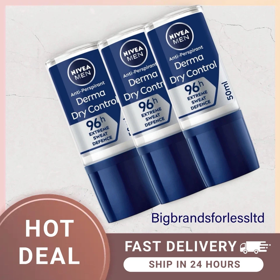 NIVEA MEN Derma Dry Control Antiperspirant 96h Deodorant Roll-On 50ML -3 PACK