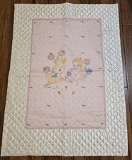 Vintage Baby Quilt Hand Embroidered Quilted Blanket Pink White Bunny Tulip 26x35