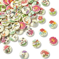 100pcs Wood Button 2-Hole Flat Round Flower Pattern for Clothes Dress Decoration