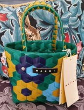 MARNI Girl's Designer Blue Green Mix Sunflower Logo Detail Woven Mini Tote Bag