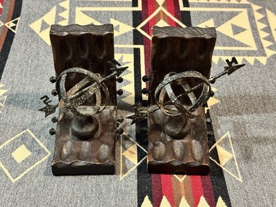 Vintage MCM Book Ends Armillary Sphere Wood Metal Rotating Spain Made Pair