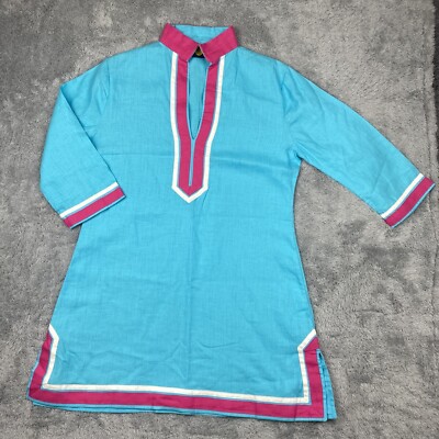 Guru NYC Tunic Shirt Women Medium Blue Pink 100% Linen Slits