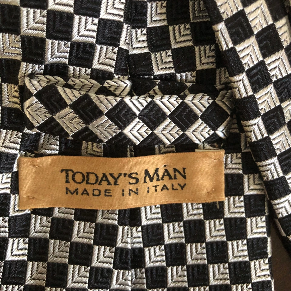 Corbata 100% Seda Italiana Hombre de Hoy Tejida Negro Blanco Cuadrada Geométrica 3.75" x 59" Foto 4 de 4