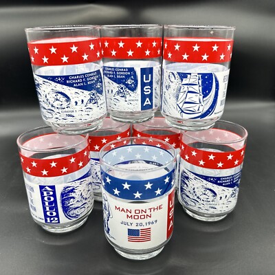 Set of 8 VTG Libbey Glass Nasa Apollo 12 (7) & Apollo 11 (1)  Return To The Moon