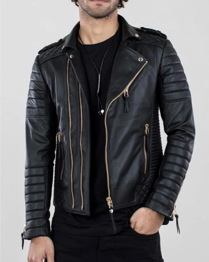 Men's Genuine Lambskin 100% Leather Premium Quality Quilted Biker Black Jacket