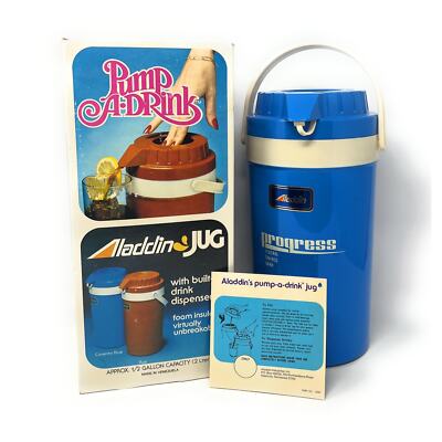 Vintage Aladdin's Pump A Drink Jug 1/2 Gallon NOS Blue Hot/Cold