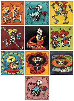 Set 10 Handmade Mexican Talavera Ceramic Tiles 2x2'' Day of the Dead Design Skull