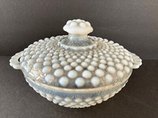 Vintage Fenton Opalescent Hobnail Glass Round Bowl w/Double Handles and Lid