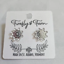 Firefly & Fern Mirror Acrylic Silver Tone Snowflake Stud Earrings Winter Frost