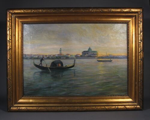 Vintage Danish Oil Painting, “Sunset in Venice with Gondola”, Signed E.C., 1919 - Picture 1 of 9