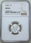 1943 P Lincoln Steel Cent NGC MS66 Very Bright Luster Just Graded #V340N