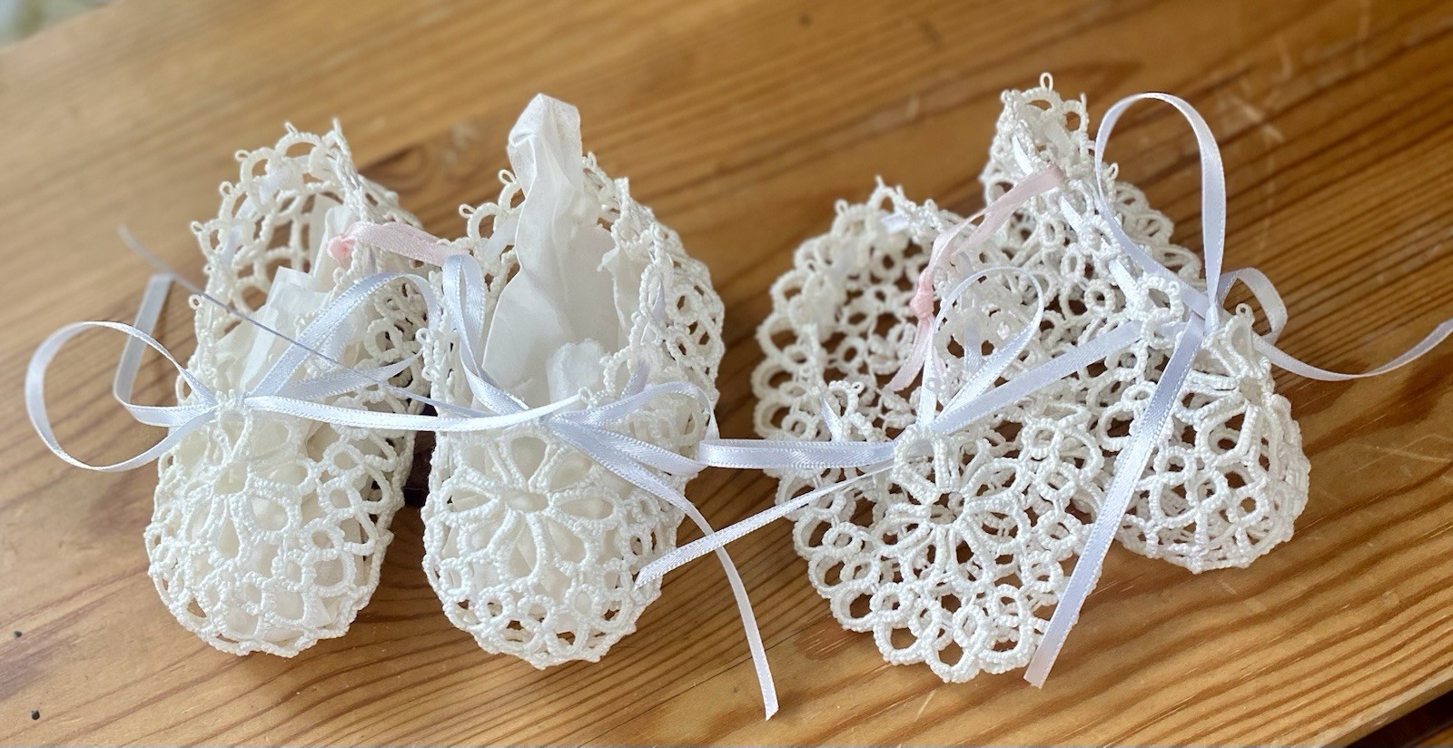 2 Pair of Hand Crochet  White Baby Booties Crib Shoes, Lacy