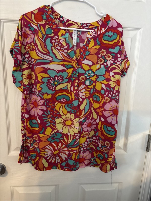 Dear Scarlett XL Pink/Teal/Yellow/Orange Colorful Short Sleeve Tunic Blouse