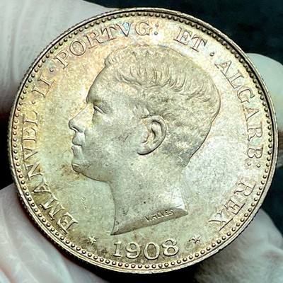 Portugal  King Manuel II  500 Reis  Silver  1908  Gem UNC Fantastic Toning