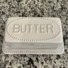 NWT Rustic White Butter Keeper | Farmhouse Ceramic Dish w/ Lid | Country Decor