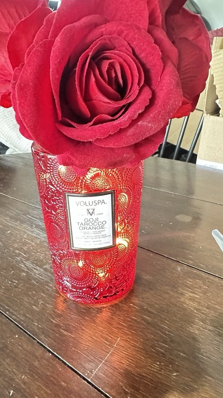 VOLUSPA Artificial Red Rose Flower Arrangement Centerpiece in Glass Jar