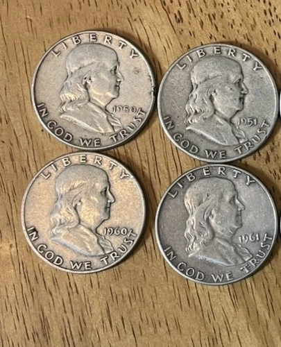 Franklin Half Dollars 1950-1963 10 Coins In Total