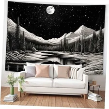  Black and Tapestry Starry Night Moon Mountain Forest 80L" x 60W" White