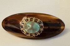 Vintage Hair Barrette Made In France Brown 3  W/ Turquoise Color Stone