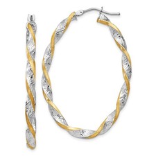 Real 14K White Gold & Yellow Rhodium Twisted Diamond Cut Oval Hoop Earrings