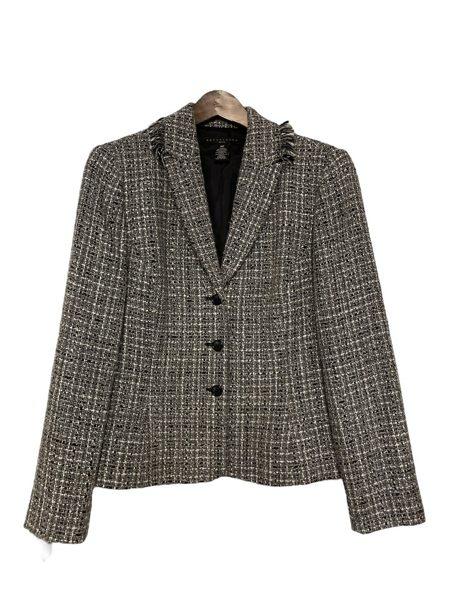 Apostrophe, Black White Wool Tweed Blazer with Fringe, Size 14P