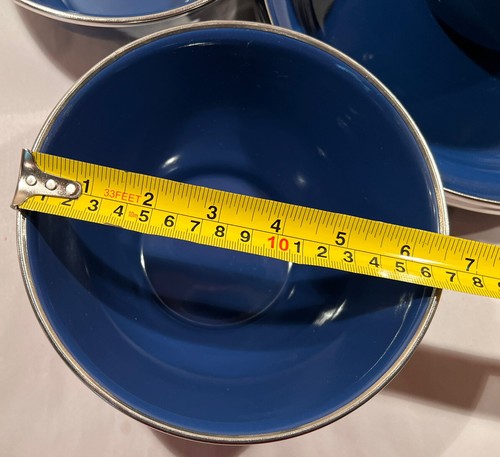 Pottery Barn Set of 4 Blue Enamel Metal 10” Dinner Plates & 3 Bowls 6.5” - Picture 7 of 8