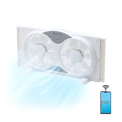 Comfort Zone Living Comfort  Twin Window Fan, 3 Speeds, 9 inches, Wi-Fi, White