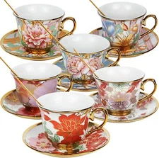 Tea Cups and Saucers Set of 6, 8 OZ Ceramic Tea Cups with Saucers Vintage Floral