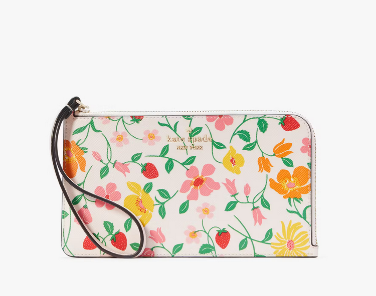 セール☆kate spade LucyフラワーアップリケLジップリストレット Kate Spade Strawberry Garden Medium L-zip Lucy Wristlet Pink