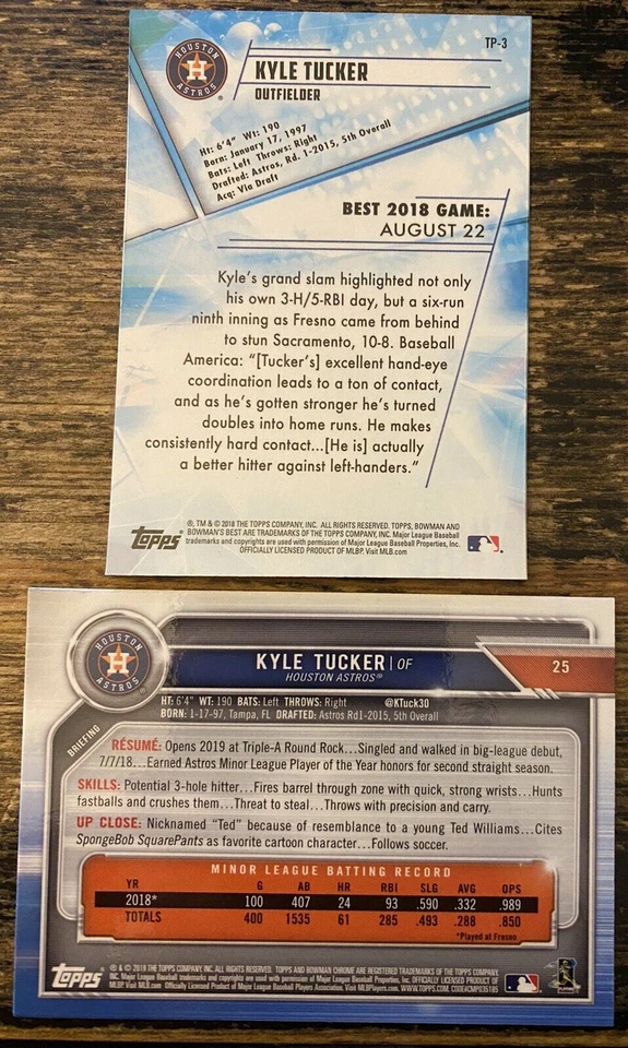 KYLE TUCKER Bowman RC LOT! 2019 Chrome #25 2018 Best #TP-3 Houston Astros ROOKIE - Image 2 of 2