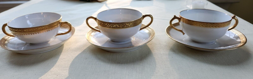 Antique Limoges Gold Trimmed White Porcelain Bouillon Cup & Saucer Set Of 3