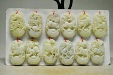 CHINESE 100 HAND CARVED NATURAL LANTIAN JADE SET 12 ZODIAC PENDANT